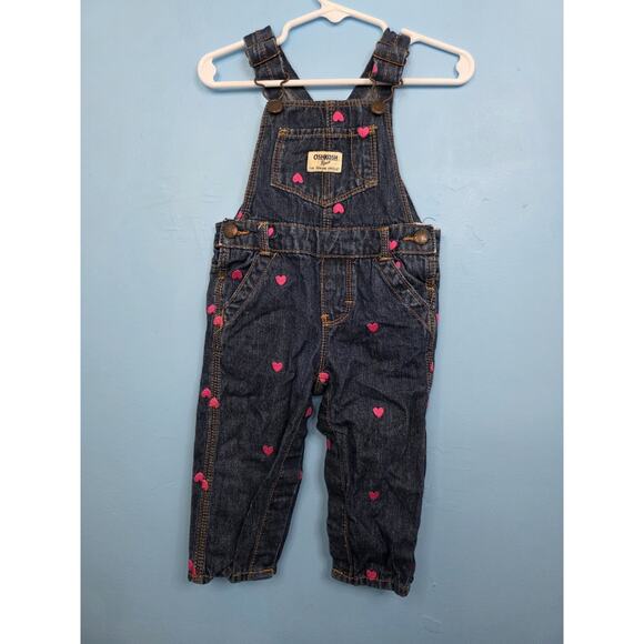 OshKosh B’Gosh Girls Denim Bib Overalls With Pink Hearts Size 12 Months - Picture 1 of 9
